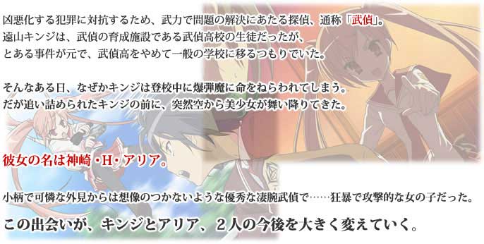 凶悪化する犯罪に対抗するため、武力で問題の解決にあたる探偵、通称「武偵」。 遠山キンジは、武偵の育成施設である武偵高校の生徒だったが、 とある事件が元で、武偵高をやめて一般の学校に移るつもりでいた。  そんなある日、なぜかキンジは登校中に爆弾魔に命をねらわれてしまう。 だが追い詰められたキンジの前に、突然空から美少女が舞い降りてきた。 彼女の名は神崎・Ｈ・アリア。 小柄で可憐な外見からは想像のつかないような優秀な凄腕武偵で……狂暴で攻撃的な女の子だった。 この出会いが、キンジとアリア、２人の今後を大きく変えていく。